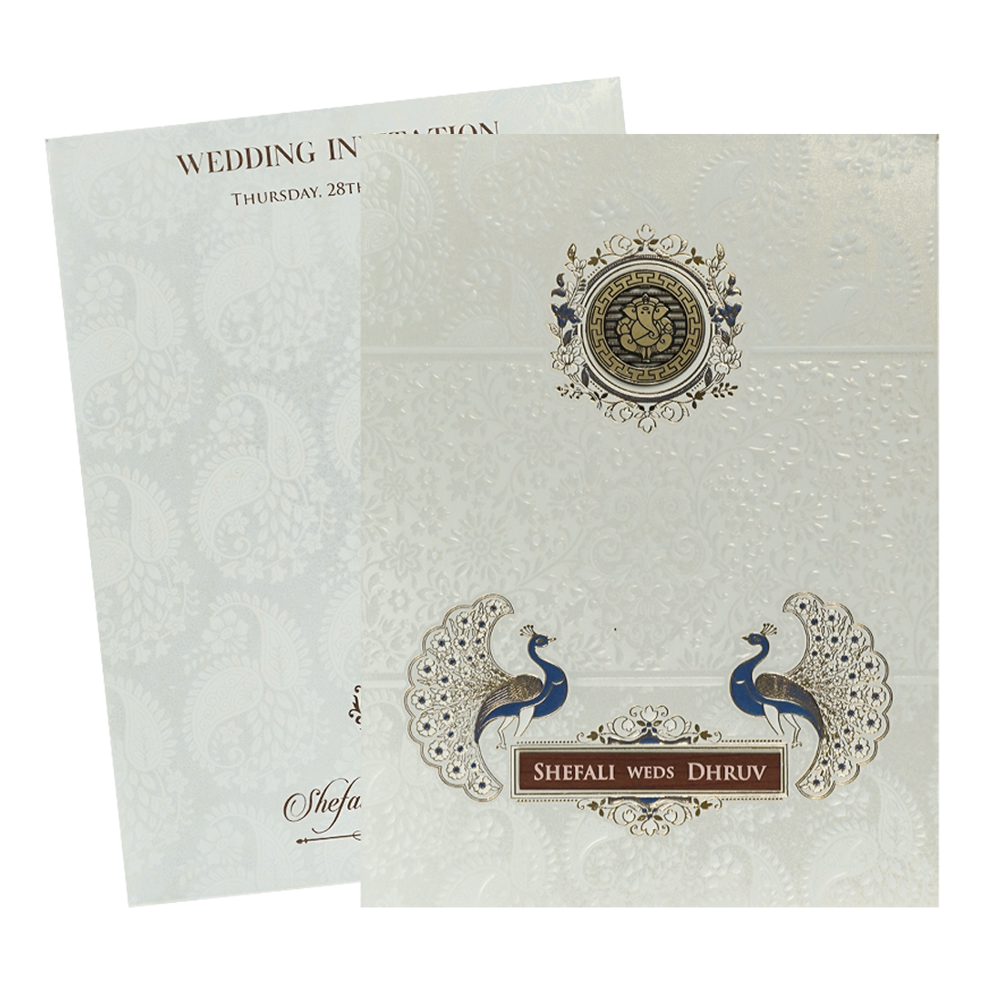 White Ganesha Peacock Wedding card-KRE28430