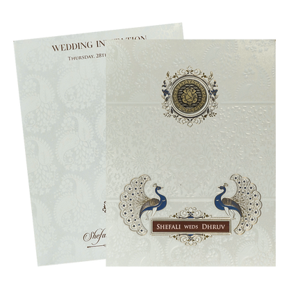 White Ganesha Peacock Wedding card-KRE28430