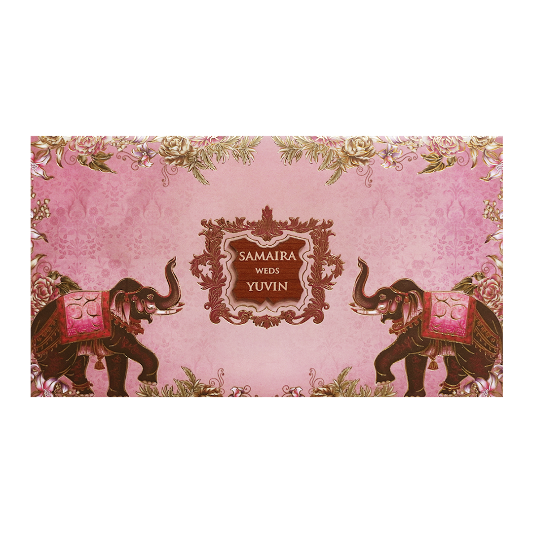 Pink Royal Elephant Floral Padded Wedding Card - KVN07470