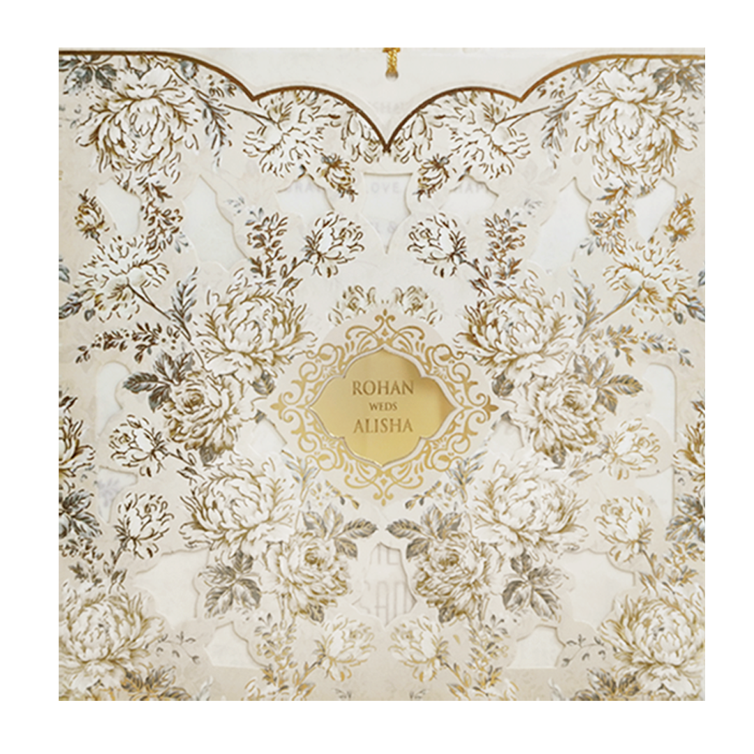 Ivory Cream Laser Cut Embossed Wedding Card-KFR13190