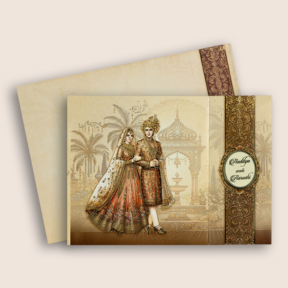 Brown Bride Groom Padded Door Style Wedding Card - KAA06200