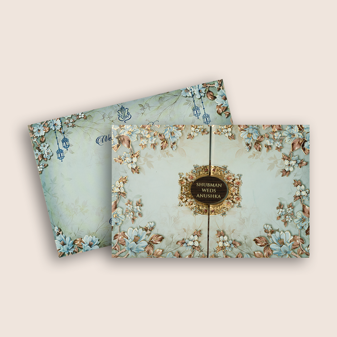 Blue Embossed Floral Door Style Padded Wedding Invitation - KRB8240