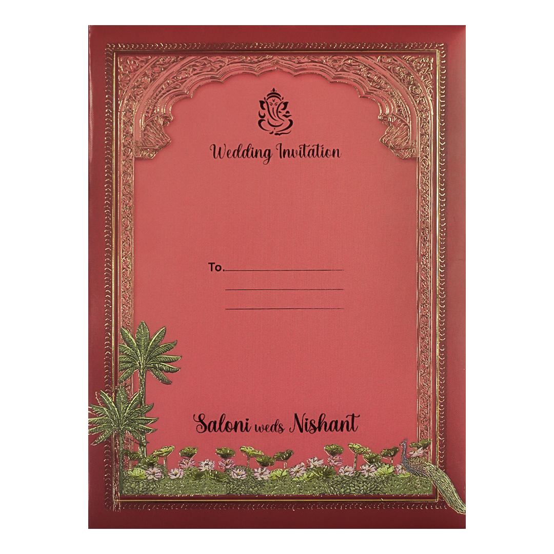 Peach Radha Krishna Palace Padded Wedding Card-KSI64020