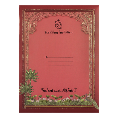 Peach Radha Krishna Palace Padded Wedding Card-KSI64020