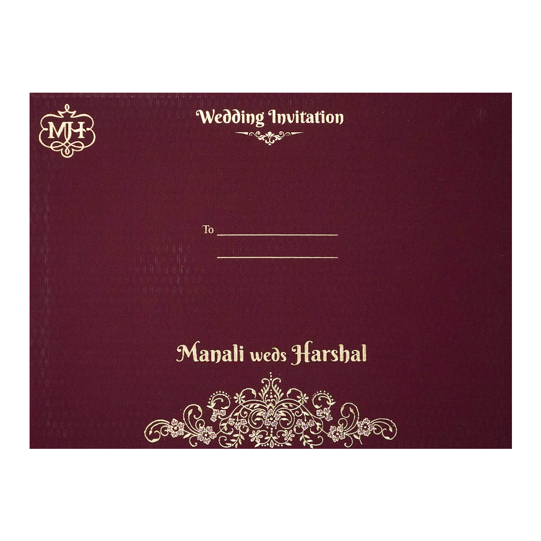 Maroon Gold Floral Padded Wedding Card-KSI64330