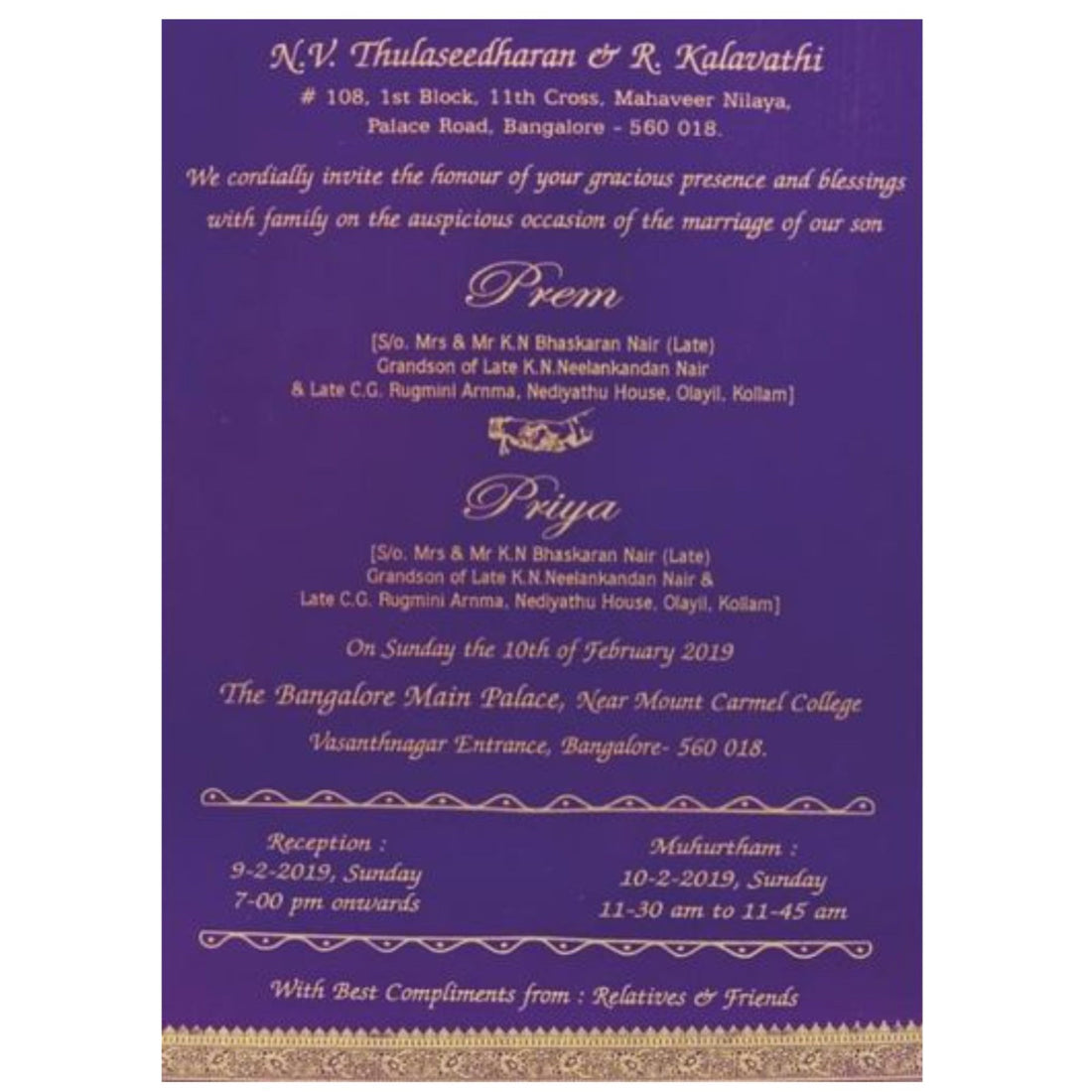 Sparkling Violet Shading With Golden Border Wedding Card-King of Cards