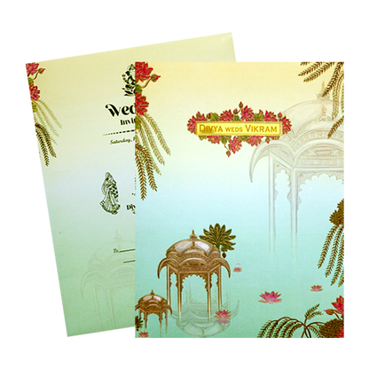 Pastel Green Lotus Pavilion Wedding Card-KNTY6808