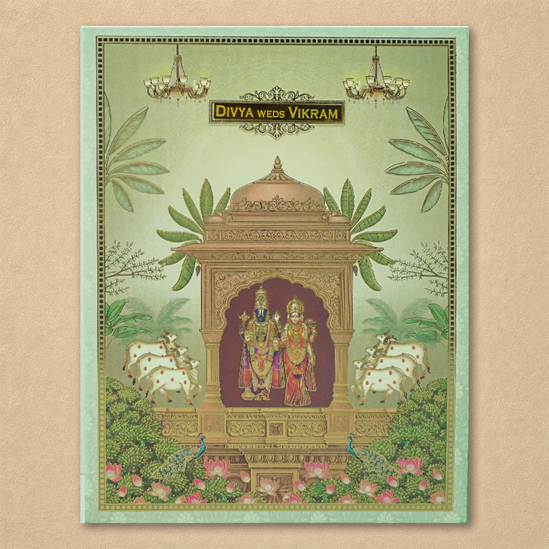 Green Floral Lord Balaji Padmavathi Wedding Card-KNKJ1158