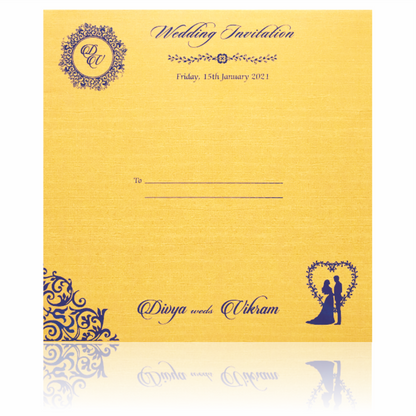 Blue Padded Satin Wedding Invitation Card With Name Plate-KNPS6505B