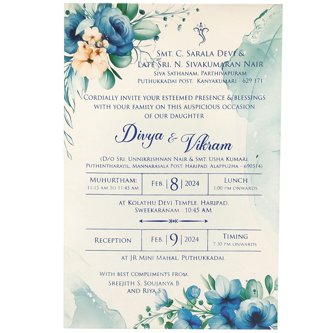 Blue Floral Single Sheet Invitation Card-KNS0351B
