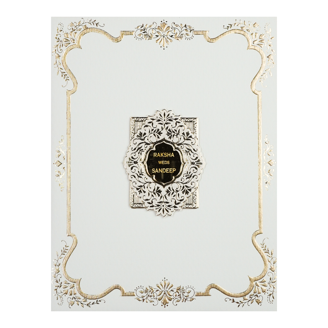 White Gold Floral Border Padded Wedding Card-KSI64350