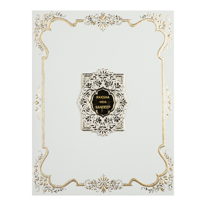 White Gold Floral Border Padded Wedding Card-KSI64350