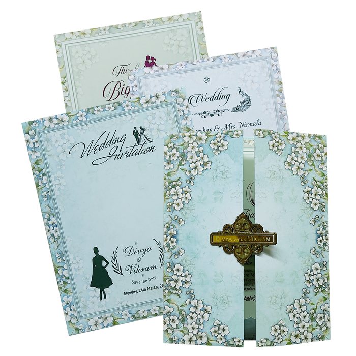 Blue Floral Door Padded Wedding Card-King of Cards