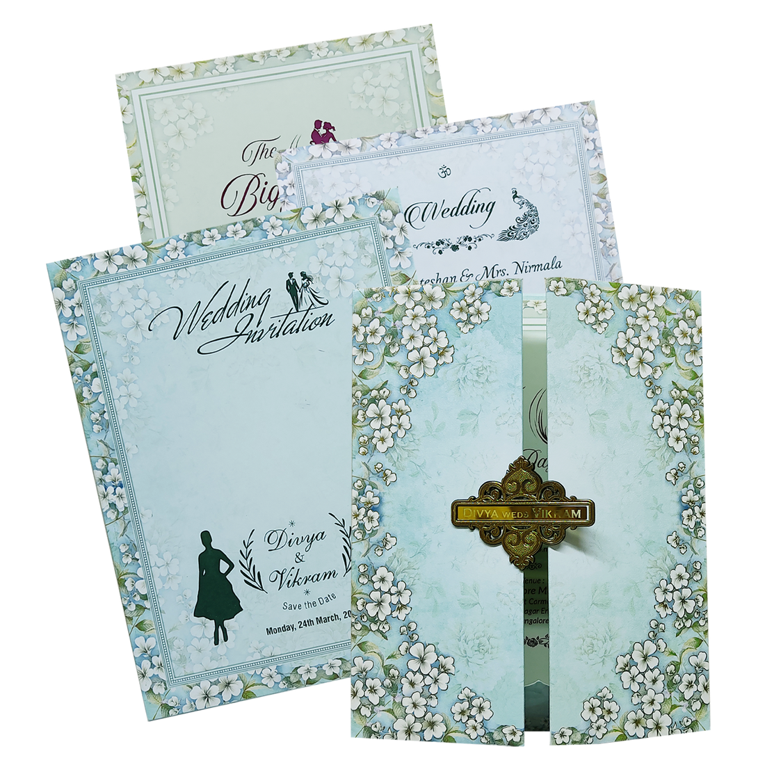 Blue Floral Door Padded Wedding Card-KNMO9303