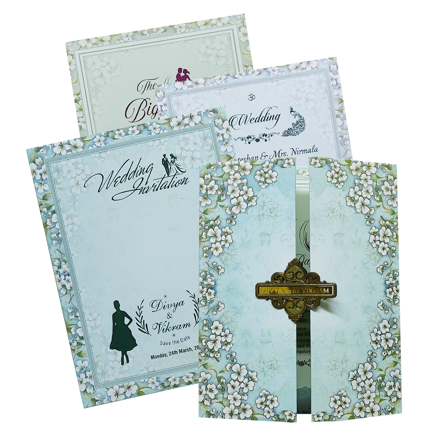 Blue Floral Door Padded Wedding Card-King of Cards