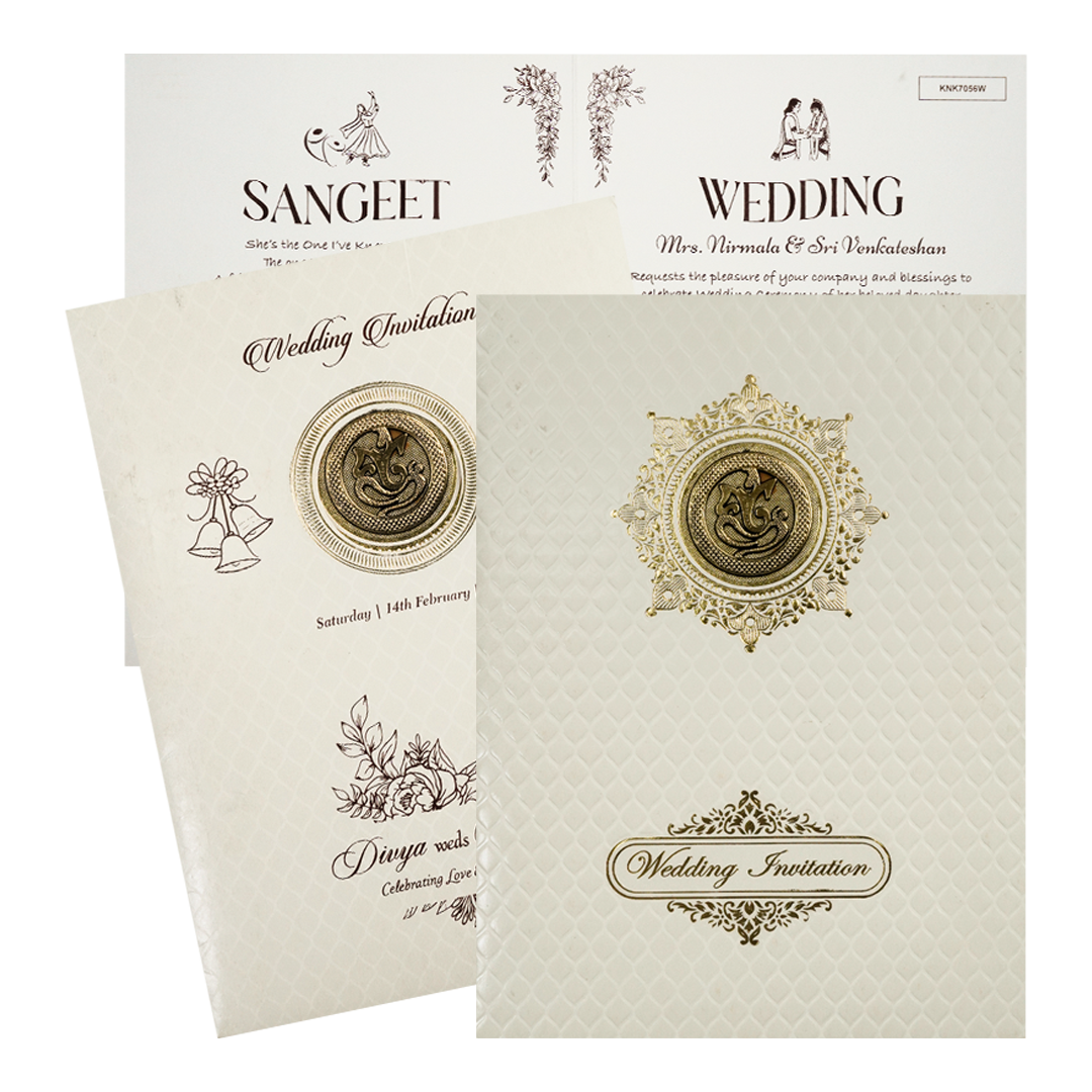 White Embossed Gold Ganesha Wedding Card-KNK7056W