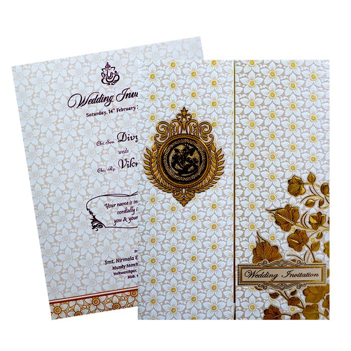 White Floral Embossed Door Invitation Card-King of Cards