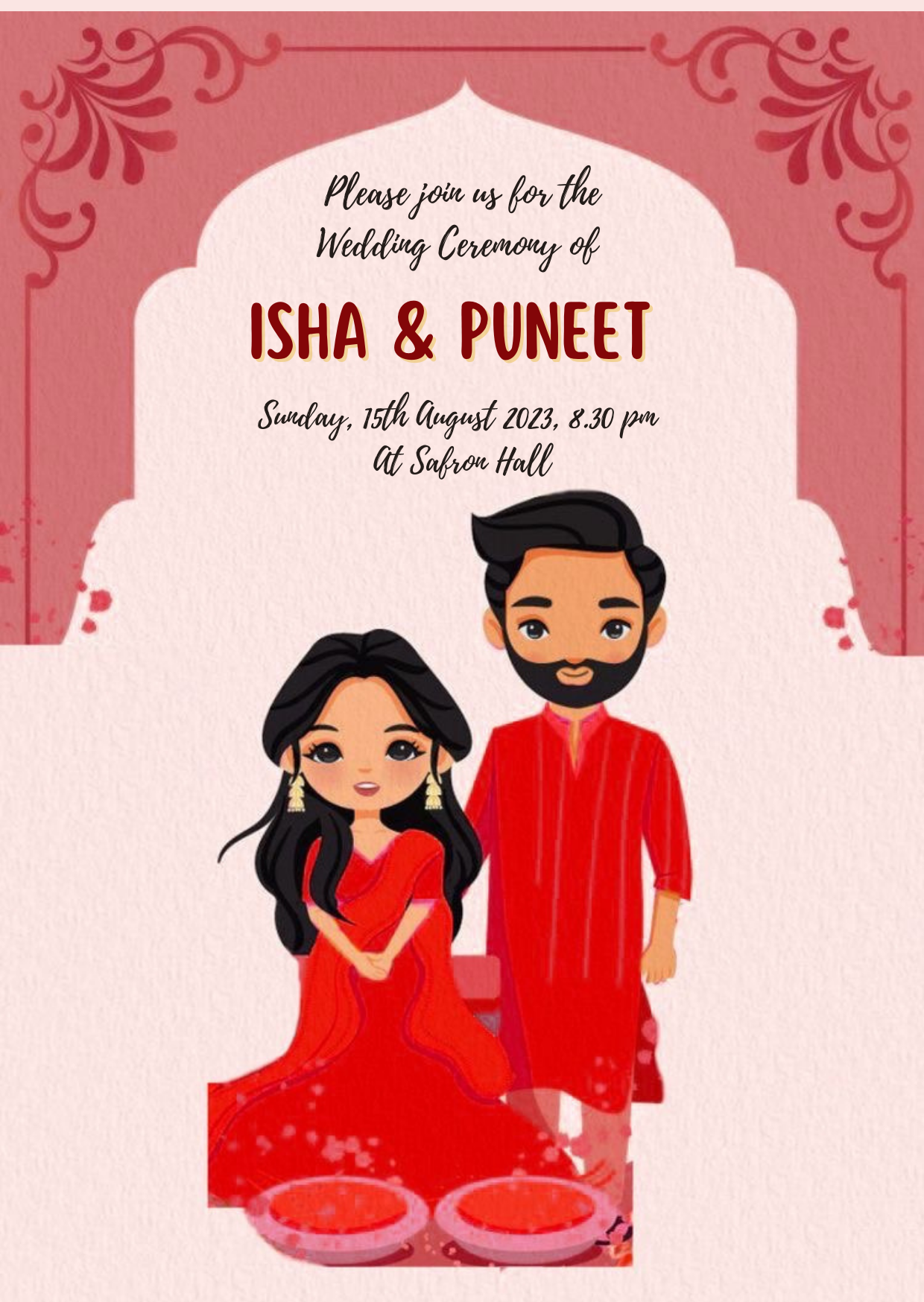 Red Couple Caricature Traditional Wedding Invitation-AATWI002