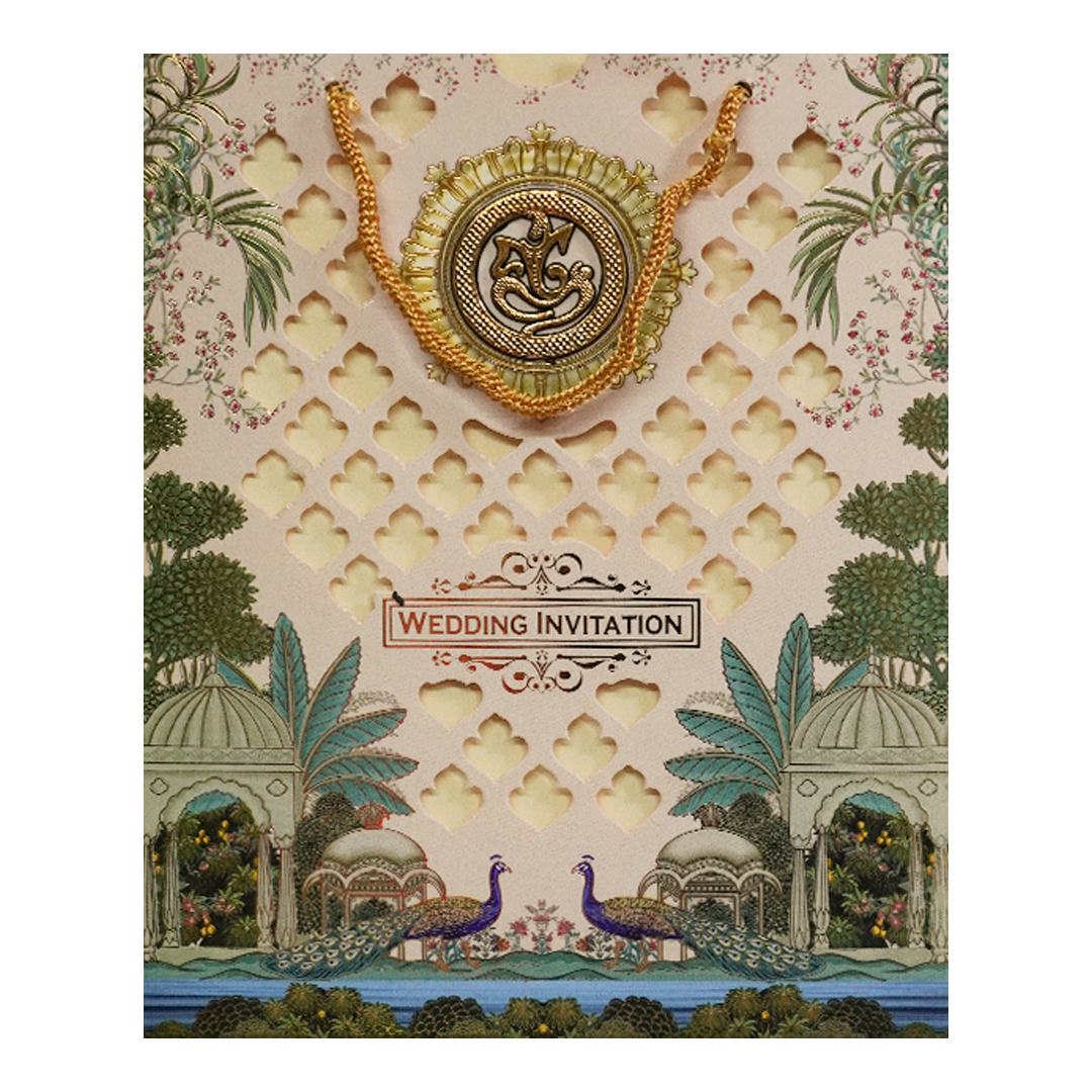 Cream Ganesha Peacock Wedding Bag Card-KNKQ8307