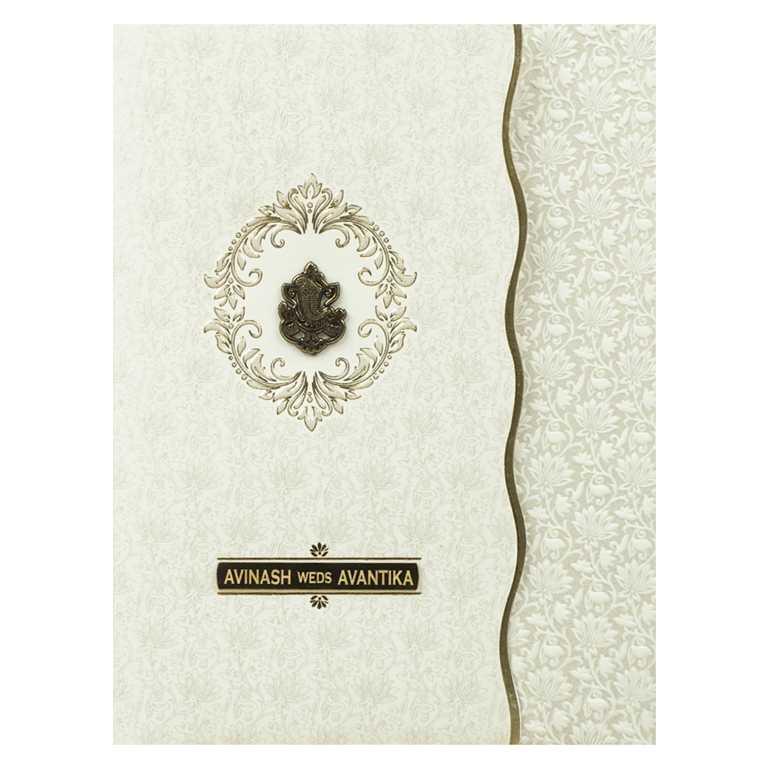 White Gold Ganesha Wedding Card-KSI64800