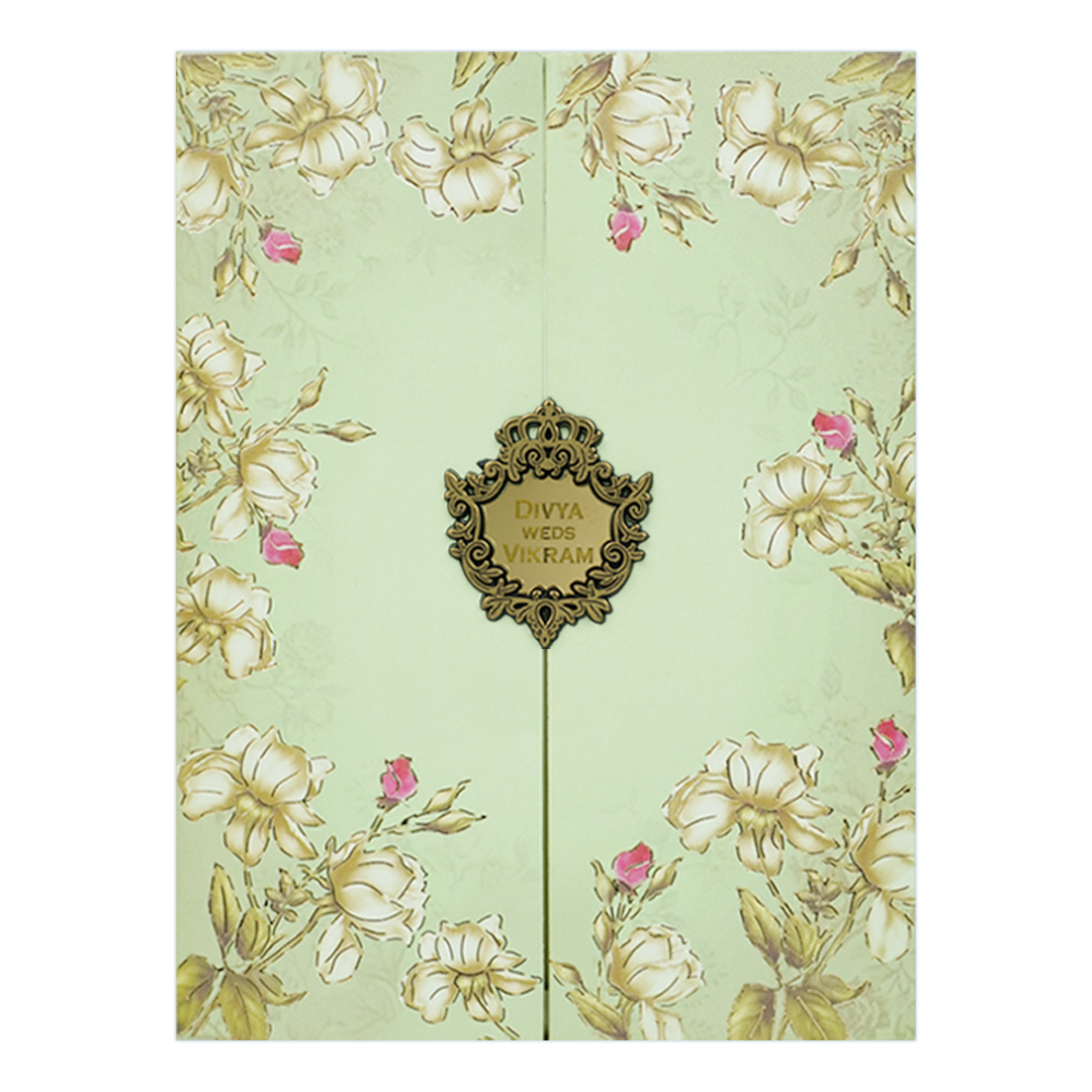 Green Floral Door Style Wedding Card - KNKC4097
