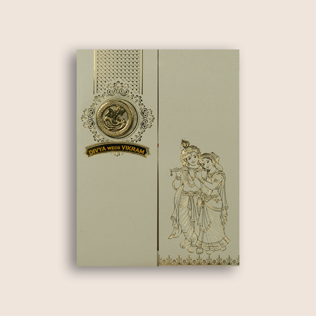 Light Grey Lord Radha Krishna Door Style Wedding Card - KNRR8709LG