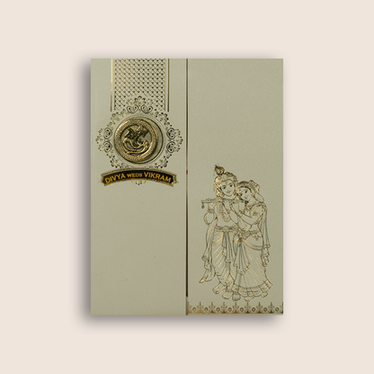 Light Grey Lord Radha Krishna Door Style Wedding Card - KNRR8709LG