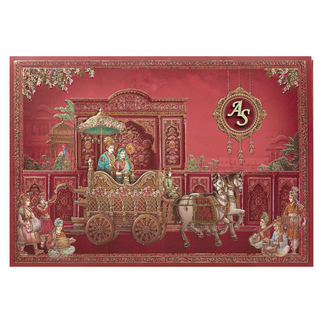 Royal Red Baraat Bag Style Wedding Card-KSI65080