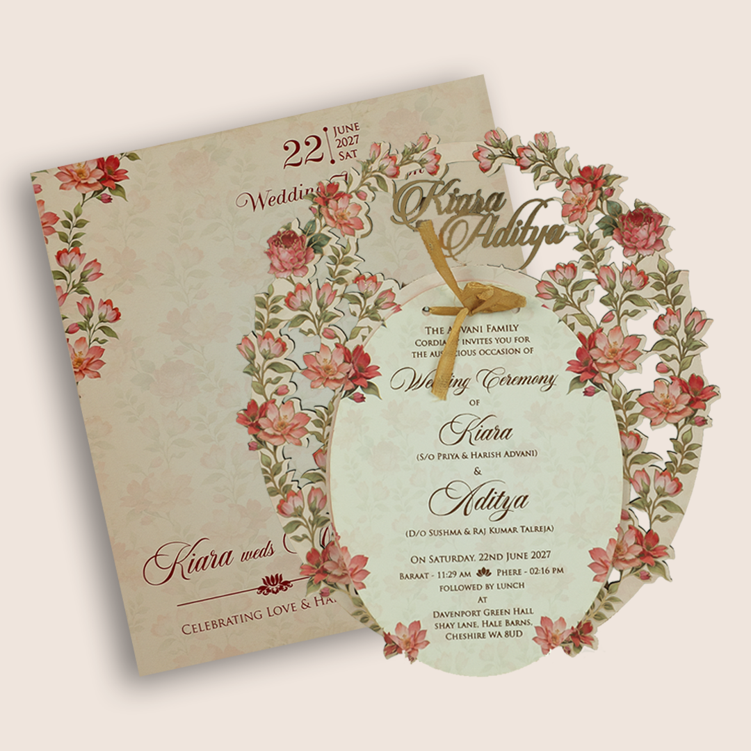 Peach Floral MDF Laser Cut Wedding Card - KFR17010