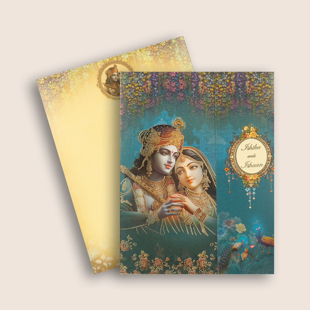 Royal Blue Radha Krishna Door Style Wedding Card - KAA05080