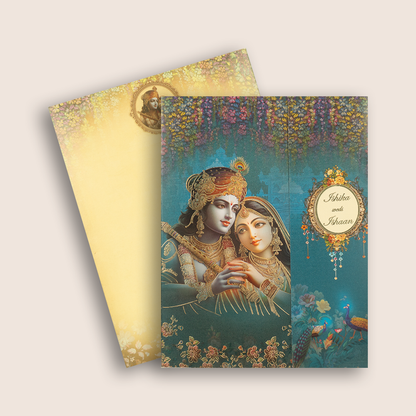 Royal Blue Radha Krishna Door Style Wedding Card - KAA05080