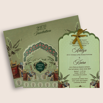 Green Elephant Laser Cut Marriage Invitation - KFR17220