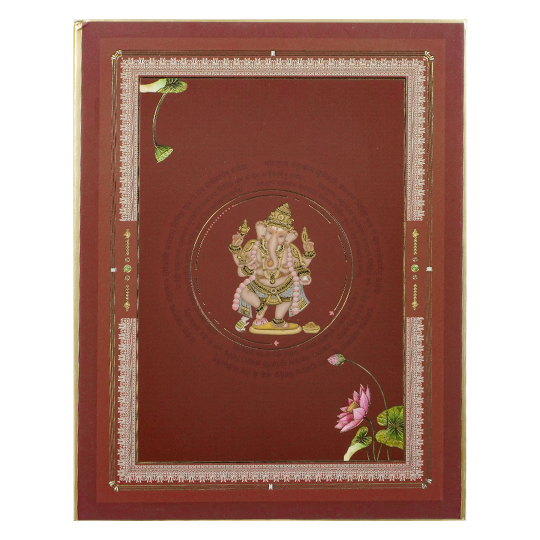 Maroon Ganesha Motif Padded Wedding Card-KBM05240