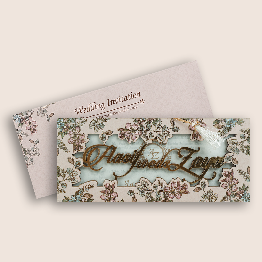 Light Pink Floral MDF Laser Cut Wedding Invitation Card - KVN07140