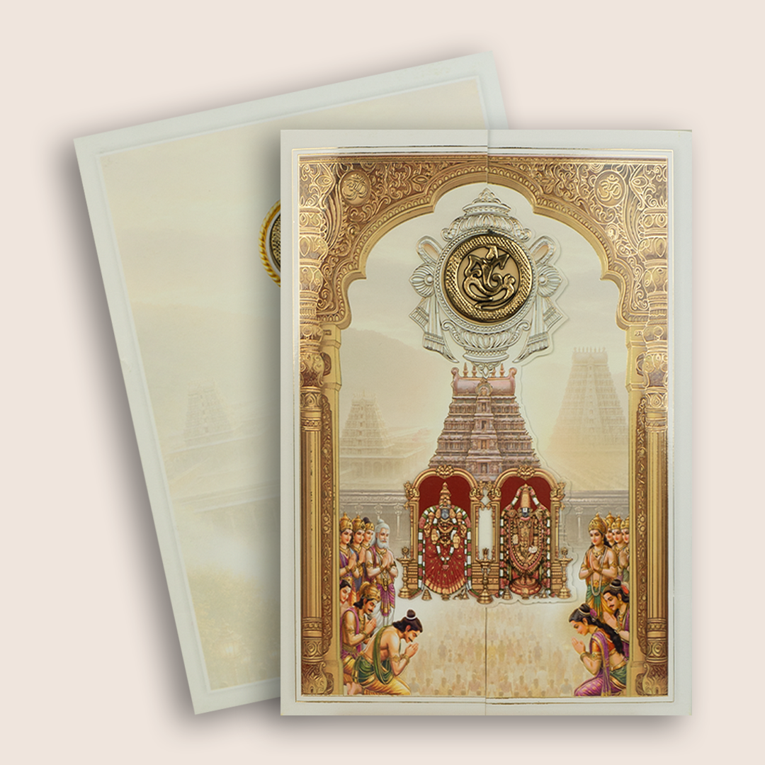 Cream Lord Balaji Padmavathi Door Style Invitation - KNAR2411