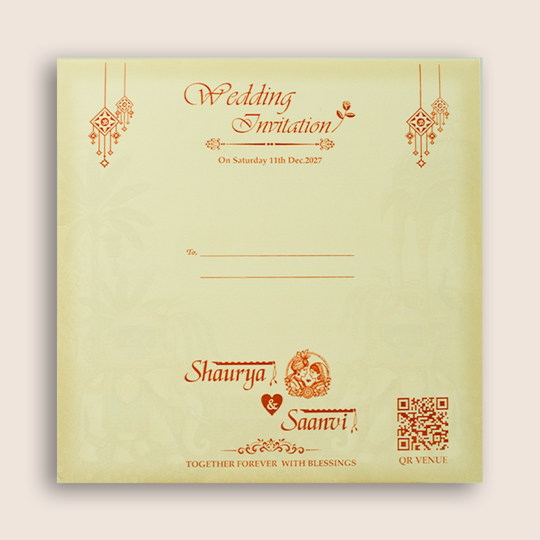 Beige Padded Royal Elephant Door Style Wedding Card - KSH18680