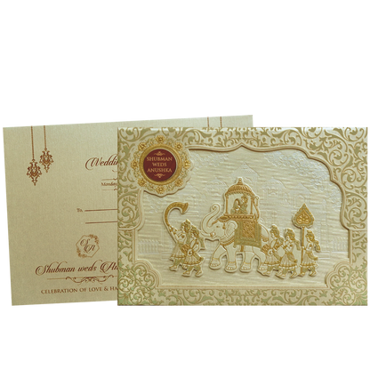 Royal Beige Embossed Gold Foil Wedding Invitation Card-KRB09780