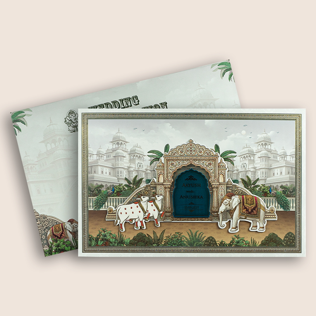 White Elephant Kamadhenu Padded Wedding Invitation - KSH18120