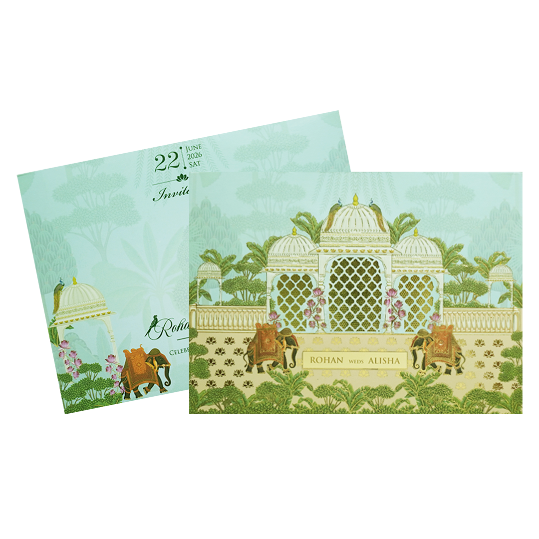 Pastel Green Embossed Elephant Padded Marriage Card - KFR15330