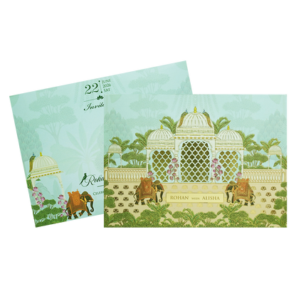 Pastel Green Embossed Elephant Padded Marriage Card - KFR15330