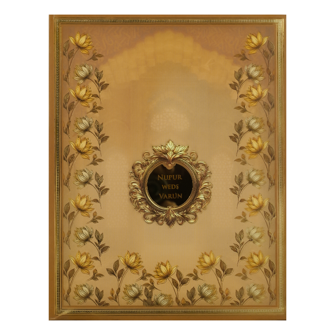 Brown Floral Frame Padded Wedding card-KRE28010