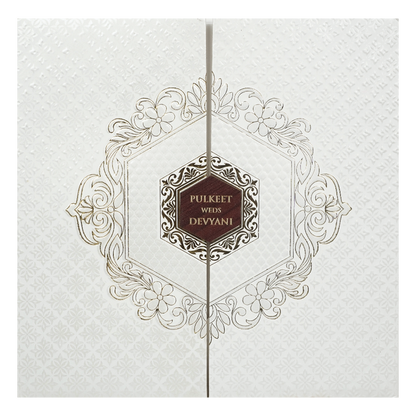 White Floral Hexagon Padded Wedding Card-KJTS1857