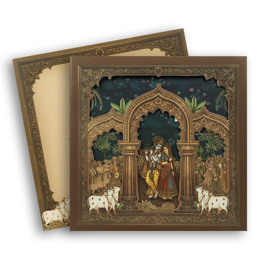 Brown Lord Radha Krishna Laser Cut Padded Wedding Card - KRB10700