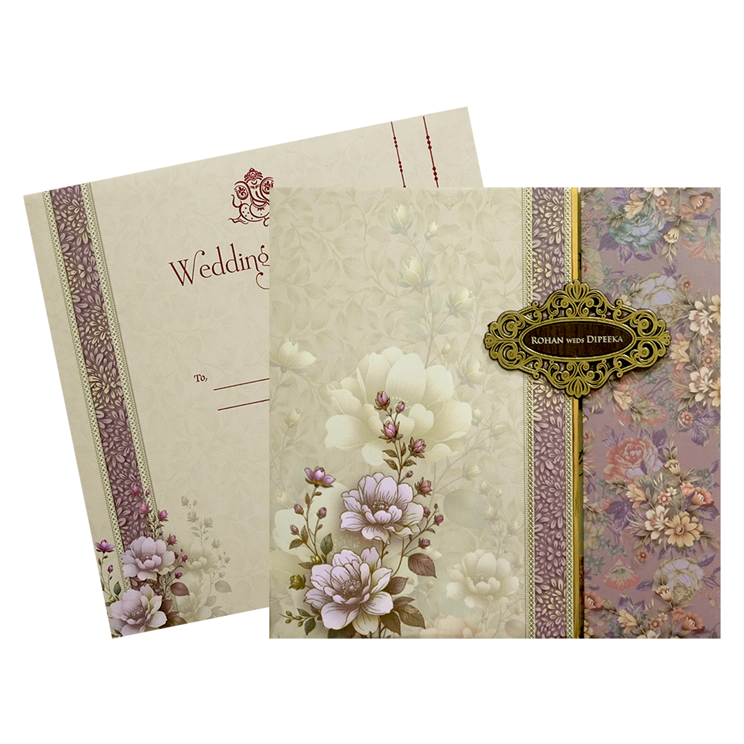 Cream Floral Bouquet Padded Wedding Card - KSH72610