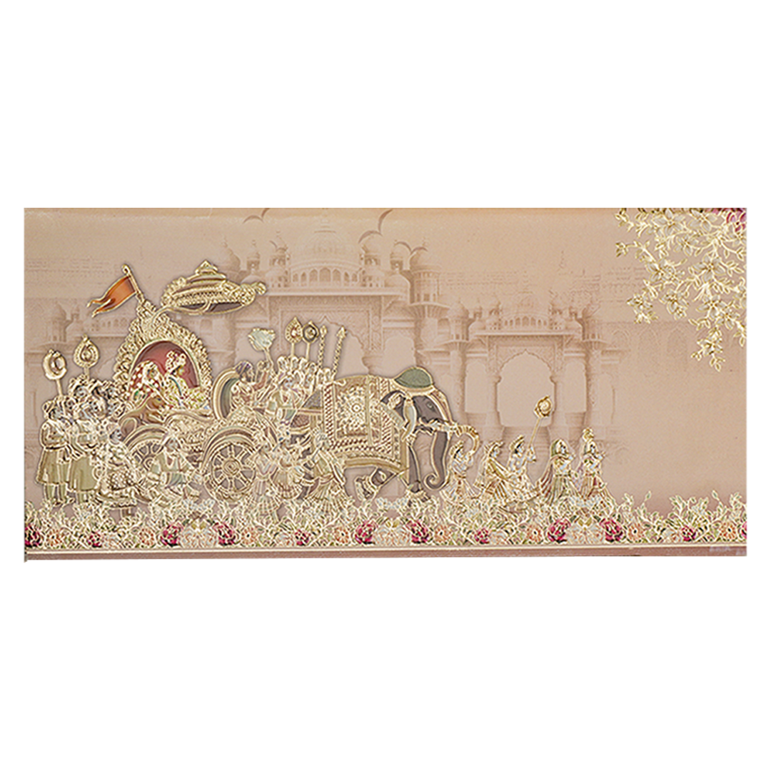 Peach Bride Groom Baraat Palace Wedding Card - KPR06520
