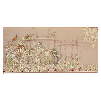 Peach Bride Groom Baraat Palace Wedding Card - KPR06520