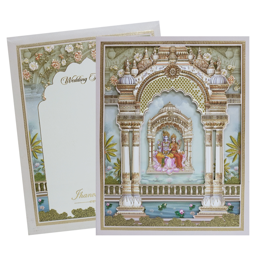 Green Gold Radha Krishna 3D Palace Padded Wedding Card-KMMEX8160