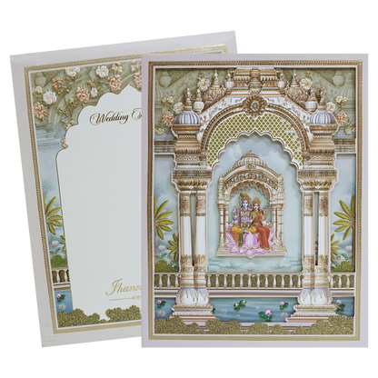 Green Gold Radha Krishna 3D Palace Padded Wedding Card-KMMEX8160