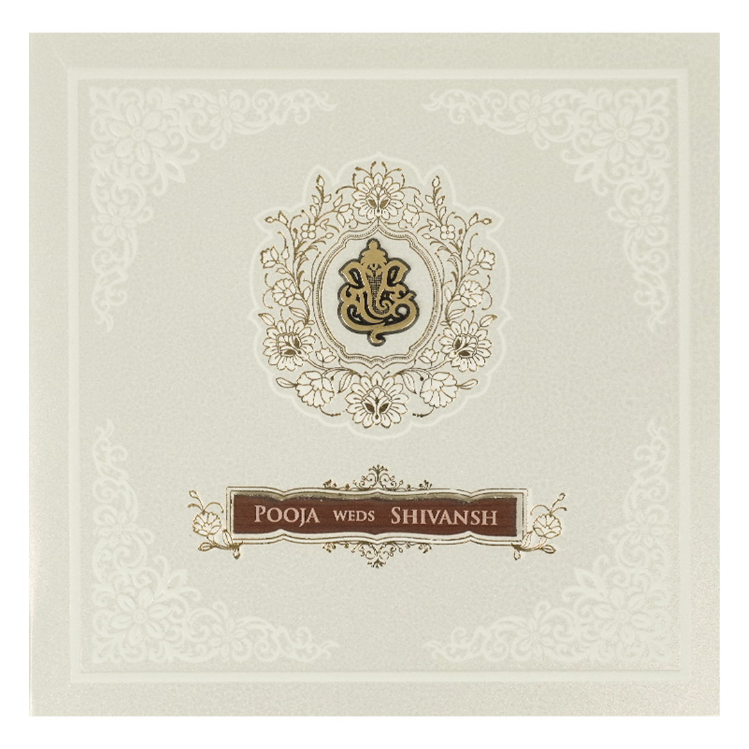White Ganesha Floral Wedding Card-KRE27710