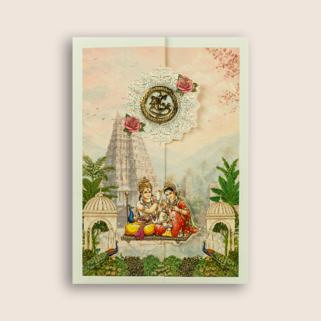 White Lord Karthikeya Temple Door Style Wedding Card - KNAR2410